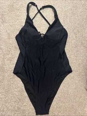 High-Cut Leg Plunge Neckline Padded Black One-Piece Swimsuit
